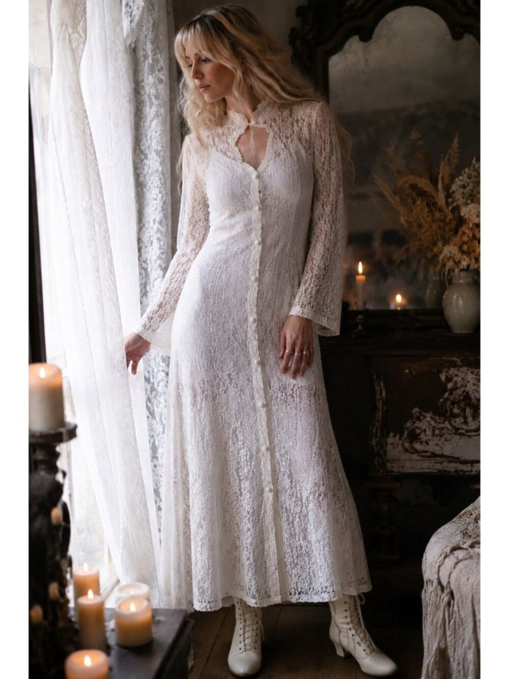 Vintage 90s Dawn Joy Midi Dress Sz Medium White Lace Sheer Prairie Whimsigoth - Picture 1 of 13